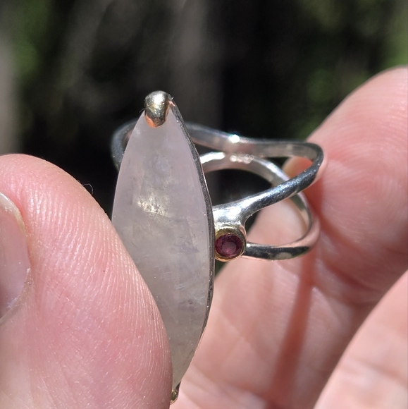 Moonstone 14k & garnet sterling ring sz9 - Picture 10 of 12